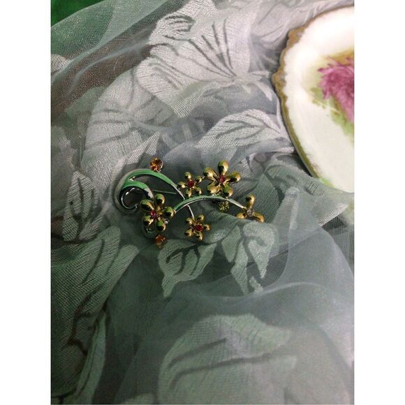 Artisan Silver Gold & Orange Floral Brooch Pin SO PRETTY! - Picture 9 of 16